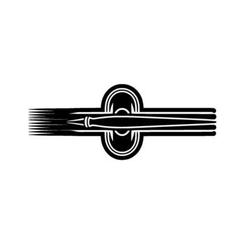 A stark depicting a stylized paintbrush with flowing bristles crossing through an oval emblem featuring concentric circles and curves representing artistic creation and precision vector