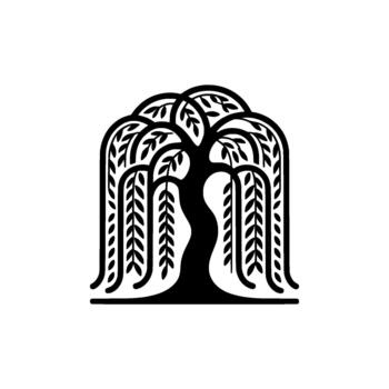 A striking silhouette of a weeping willow tree with cascading branches and stylized leaves isolated vector