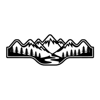 un estilizado silueta de un majestuoso montaña rango con dentado picos y un devanado río fluido mediante un bosque de pino arboles conjunto dentro un moderno emblema forma vector