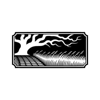 estilizado Arte representando un grande silueta árbol con desmadejado ramas terminado un texturizado camino líder mediante alto césped vector