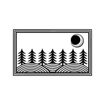 minimalista Arte representando un sereno bosque paisaje con estilizado pino arboles y un creciente Luna dentro un decorativo rectangular frontera vector