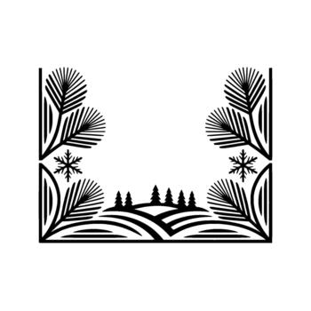 un minimalista marco presentando estilizado pino ramas y copos de nieve en el rincones y un silueta invierno paisaje con laminación colinas y conífero arboles a el fondo vector