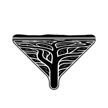 abstract geometric stylized tree root system or branching veins with minimalist leaf shapes inside a triangular outline isolated vector