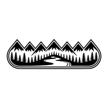 silhouette of a winding river flowing through a dense pine forest nestled between jagged mountain peaks within an oval border vector