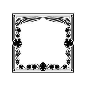 An elegant silhouette border featuring lush grapevines with clusters of grapes and delicate fern fronds framing a central empty space vector