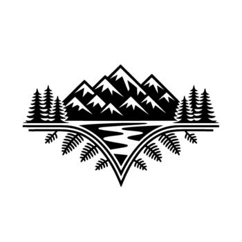 un estilizado ilustración representando un sereno montaña rango con nevado picos un devanado río y racimos de hojas perennes arboles vector