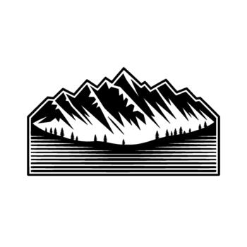 A minimalist illustration depicting sharp jagged mountain peaks above a row of stylized pine trees and horizontal line art representing a landscape vector