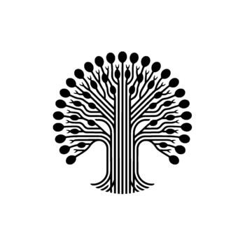 A minimalist abstract tree of life with circular fruit elements and branching lines resembling circuit board pathways isolated vector