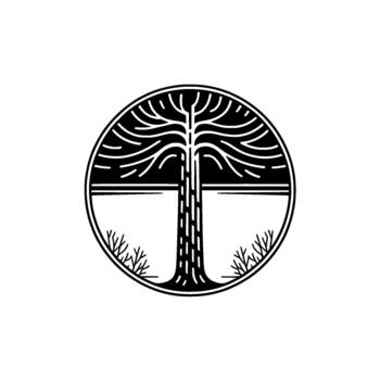 un minimalista circular emblema presentando un estilizado árbol con intrincado derivación patrones y un texturizado maletero vector