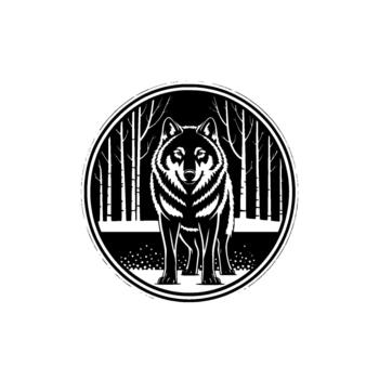 un sorprendentes estilizado ilustración de un solitario lobo en pie con orgullo en un invierno bosque rodeado por desnudo arboles y dispersado nieve puntos dentro un circular marco vector