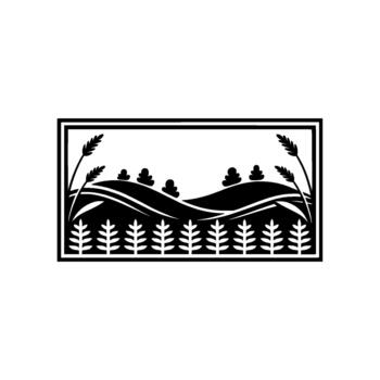 estilizado ilustración representando laminación colinas con estilizado arboles y un primer plano fila de trigo o cebada tallos dentro un rectangular frontera vector