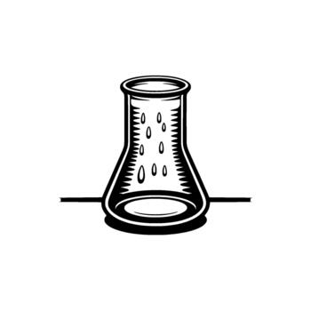 A stark linocut style illustration of a scientific Erlenmeyer flask with falling liquid droplets inside isolated vector