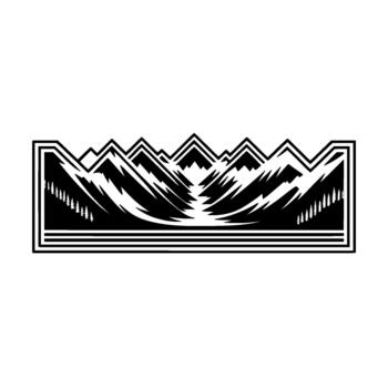 Stylized representation of sharp jagged mountain peaks with stylized evergreen trees and linear framing elements evoking a sense of adventure and nature vector