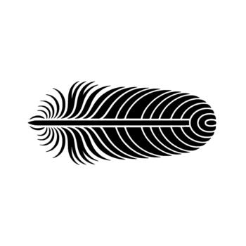 A stylized geometric abstract feather silhouette with intricate curved lines and a minimalist vector