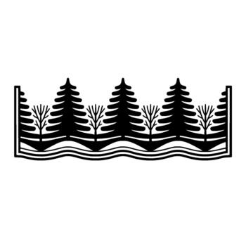 Stylized silhouette border featuring evergreen trees and bare deciduous trees above wavy lines evoking a forest landscape suitable for elements vector