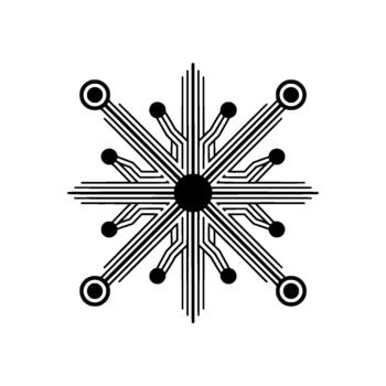 A stark abstract circular resembling a snowflake or circuit board with radiating lines and circular nodes vector
