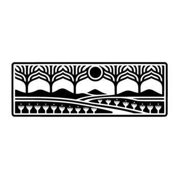 estilizado Arte Nouveau inspirado horizontal paisaje con repitiendo ornamental arboles un circular Dom y un fila de estilizado floral elementos vector