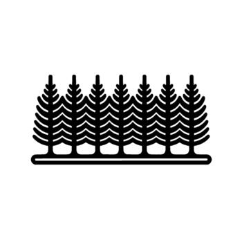 A stylized minimalist depicting a symmetrical row of seven evergreen pine trees with distinct needle patterns standing vector