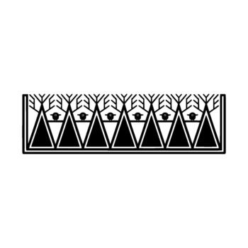 geometric minimalist illustration of a repeating pattern featuring stylized triangular mountains with birds perched atop them and bare tree branches above vector