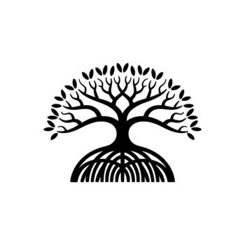 Stylized minimalist silhouette of a large ancient tree with prominent interconnected roots and a canopy of leaves isolated vector