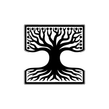 A stylized silhouette of an abstract tree with intricate branches and roots encased within a rounded rectangular frame vector