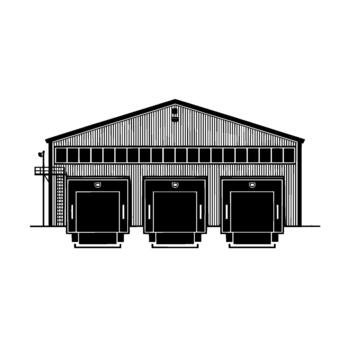 un rígido ilustración de un moderno industrial almacén edificio con Tres cerrado cargando muelle laureles y elevado plataformas vector