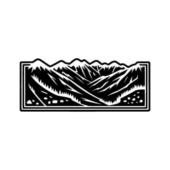 Detailed stylized illustration of a jagged mountain range with pine trees and rocky outcrops within a rectangular frame isolated vector