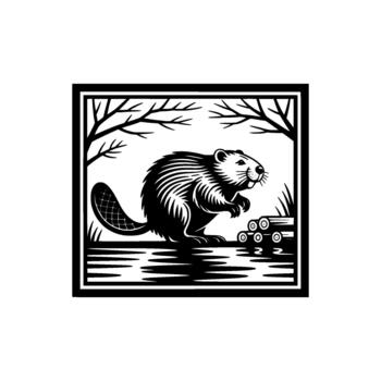 Detailed illustration of a side profile beaver standing by a pile of logs with bare trees in the background within a decorative frame vector