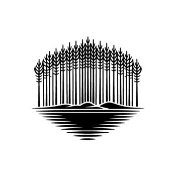 minimalista de un denso hojas perennes bosque reflejado en calma agua con amable laminación colinas detrás el arboles vector