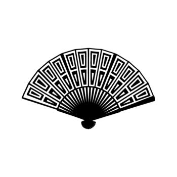 un sorprendentes de un abierto plegable ventilador presentando un negrita geométrico modelo de enclavamiento rectángulos y radiante líneas vector