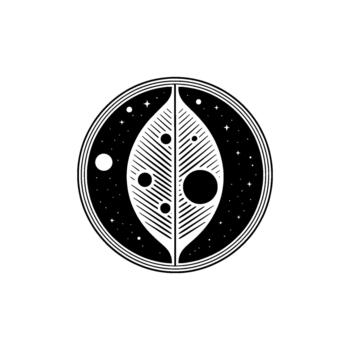 A minimalist illustration of a stylized celestial leaf emblem with planets stars and cosmic textures within a circular frame vector