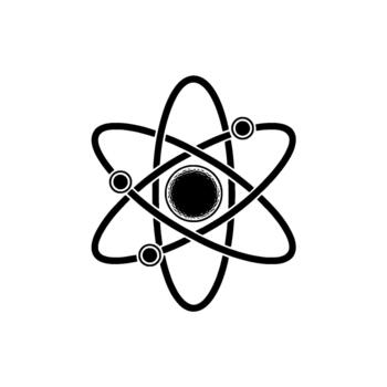 Stylized atomic model featuring a textured golf ball at its nucleus encircled by orbiting electrons and abstract quantum pathways vector
