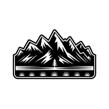 A striking emblem featuring jagged mountain peaks a solitary evergreen tree and a row of stylized grass blades within a bold geometric border vector