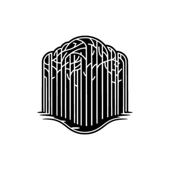 Abstract minimalist illustration of a weeping willow tree silhouette with cascading branches and flowing water at its base vector