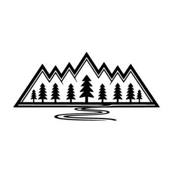 Minimalist line art silhouette of a stylized mountain range with evergreen trees and a winding river flowing in the foreground vector