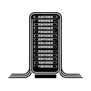 un pulcro minimalista ilustración de un vertical servidor estante lleno con múltiple unidades y conectado por resumen cables vector