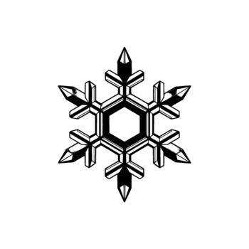 A detailed geometric monochrome illustration of a stylized snowflake with sharp crystalline edges and a central hexagonal opening vector