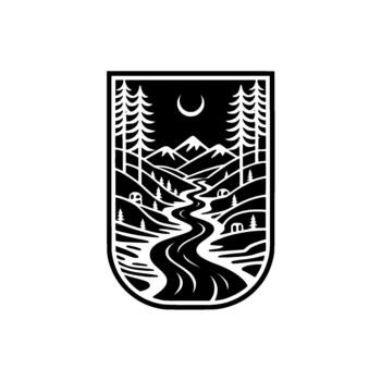 A stark linocut style illustration depicting a winding river flowing through a mountainous valley with crescent moon above and small rustic cabins nestled amongst evergreen trees inside a round vector