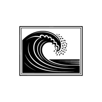 Stylized illustration of a powerful breaking ocean wave with cascading water droplets contained within a decorative border vector