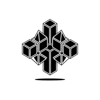 Abstract isometric geometric construction of interconnected cubes and rectangular prisms forming a symmetrical crystalline structure with minimal shading vector