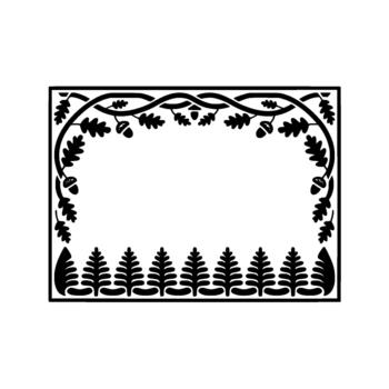 A decorative silhouette border featuring intertwined oak branches with acorns and leaves framing a central empty space accented by a repeating pattern of stylized evergreen trees along the bott vector
