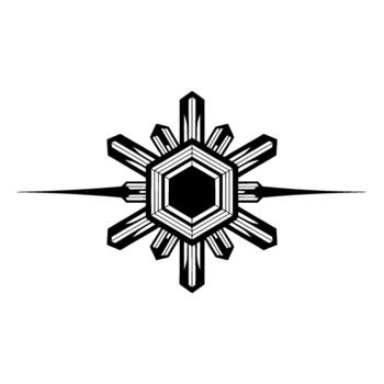 A minimalist geometric emblem representing the sun with sharp rays and a hexagonal core vector