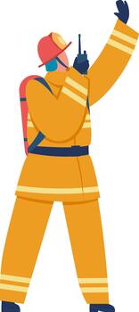 Firefighter communicating and directing during emergency operation vector