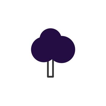 Abstract tree with dark purple foliage atop a simple rectangular trunk silhouette creating a vector