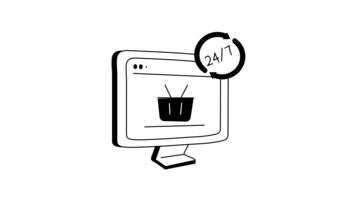 en dator övervaka visning ett uppkopplad handla vagn, med en 24, 7 ikon animering video