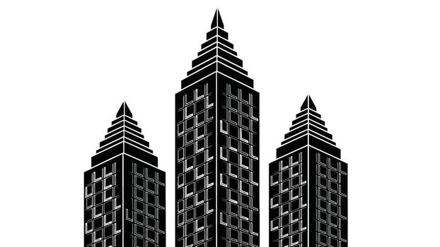 Resilient architecture silhouette Black and White Art Deco Skyscraper Trio with Sharp Peaks and Geometric Facades architecture city vector