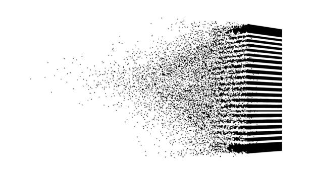 Resilient architecture silhouette Black rectangular object disintegrating into small particles on a white background abstract disintegration vector