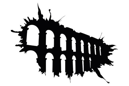 Resilient architecture silhouette Black silhouette of a Roman aqueduct with chaotic ink splatters and drips on white background ancient vector