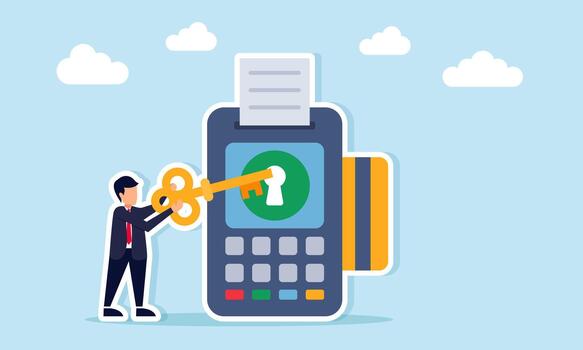 empresario insertando un llave dentro un edc máquina ojo de cerradura ilustrando el seguridad nivel de negocio inversión datos vector