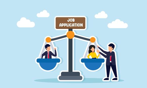 Businessman standing near a justice scale labeled Job Application with candidates on each side illustrating careful consideration in employee selection for a business team vector
